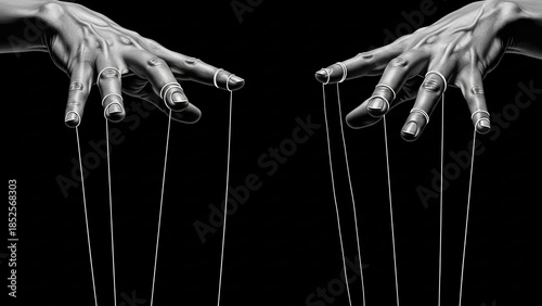 Hands controlling marionette strings in a dramatic black and white representation of manipulation and control