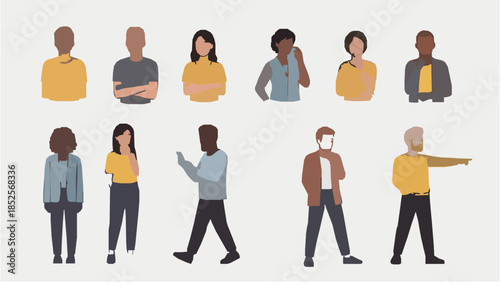 Diverse people walking and standing in various poses and outfits