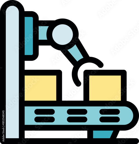 Robotic arm efficiently places boxes on a conveyor belt