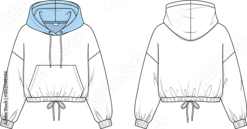 Technical fashion flat illustration of cropped hoodie with drawstring waist and kangaroo pocket front back views