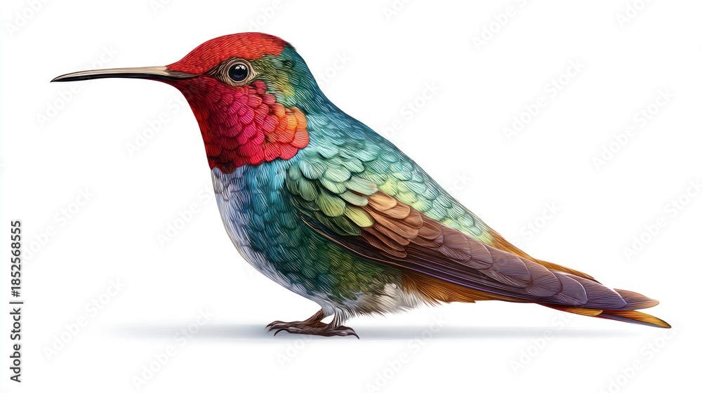 Fototapeta premium Vibrant hummingbird illustration with colorful feathers and long beak on white