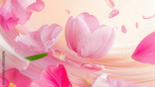 Soft pink flower petal swirl, delicate floral background fantasy, light pastel blossom wave, romantic dreamy nature art scene with motion and grace