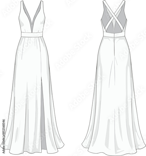 Technical fashion flat illustration of elegant sleeveless maxi dress with deep V neck and open back views