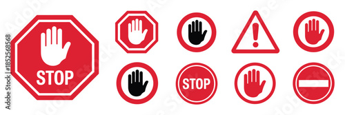 Alert warning and stop sign icon pack, including hand symbols and red stop signs, suitable for traffic safety, danger