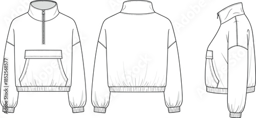 Technical fashion flat illustration of half zip pullover jacket with stand collar pockets front back side views