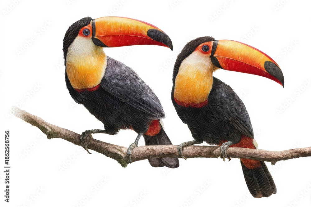 Obraz premium Realistic depiction of two toucans perched on a branch against a white background showcasing their vibrant colors and distinct features
