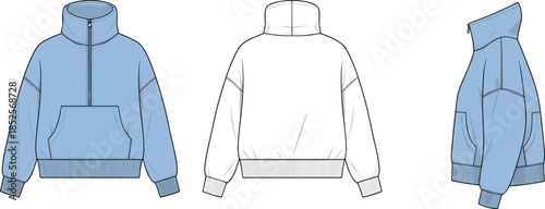 Technical fashion flat illustration of half zip pullover sweatshirt with mock neck rib hem front back side views