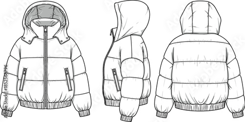 Technical fashion flat illustration of hooded puffer jacket with zipper pockets padded sleeves front side back views
