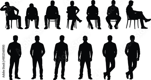 Human posture silhouettes, seated poses, standing poses, body language, ergonomics, animation reference, gesture art, lifestyle illustration, movement study