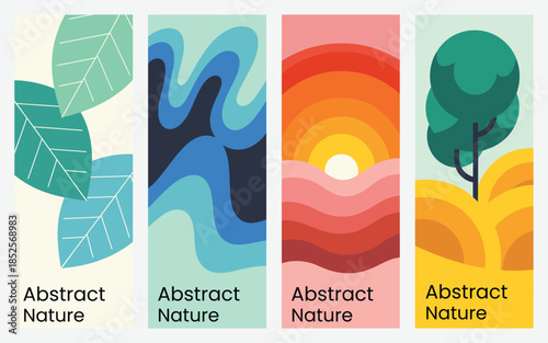Trendy Abstract Nature Vertical Banner Set: Stylized Earth Elements, Organic Leaves, Wavy Water, and Vibrant Sunset Landscape Art Illustration