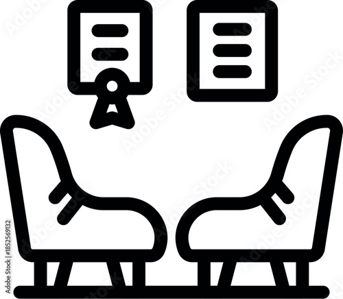 Notary office with two armchairs and official documents hanging on the wall