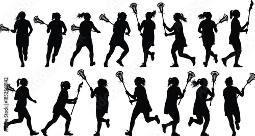 Lacrosse player silhouettes, women athletes, sports action, running pose, stick handling, ball game, dynamic motion, team sport illustration