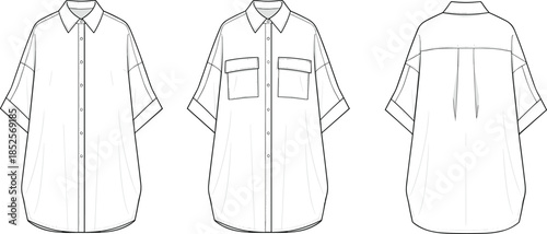 Technical fashion flat illustration of oversized shirt dress with chest pockets front back and alternate views