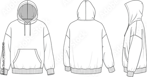 Technical fashion flat illustration of pullover hoodie sweatshirt with kangaroo pocket ribbed cuffs front back side views