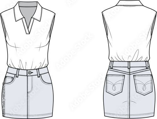 Technical fashion flat illustration of sleeveless collared blouse with fitted denim skirt front back views womenswear