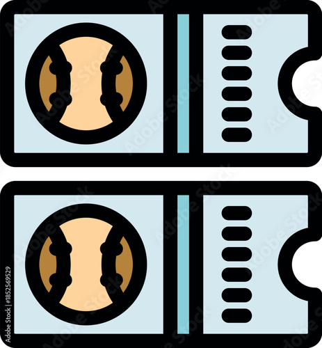 Pair of tickets for a baseball game, featuring a baseball icon and perforated edge