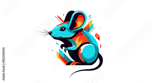 Stylized mouse illustration with vibrant colors and graphic elements on white