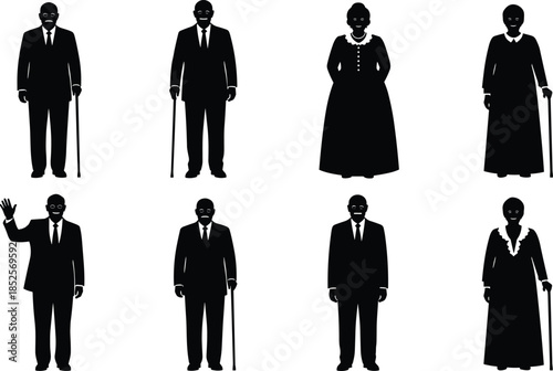 Collection of Distinguished Senior Citizens Silhouettes Dressed Formally with Canes, Representing Elderly Dignity, Wisdom, Retirement, and Formal Adult Figures.