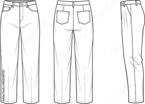 Technical fashion flat illustration of straight leg denim jeans with front back side views womenswear apparel