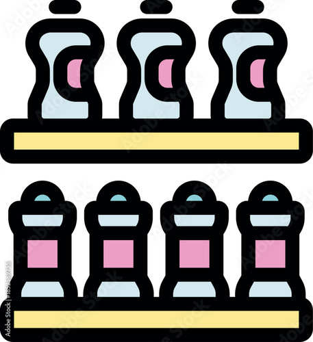 Supermarket shelves displaying various cleaning products and spices, offering a wide selection for household needs
