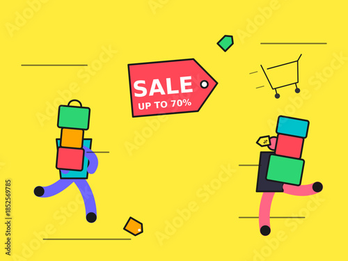 Dynamic Shopping Rush Illustration for Sale and Discount Promotion