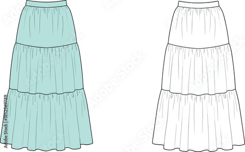 Technical fashion flat illustration of tiered maxi skirt with elastic waistband gathered panels front back views
