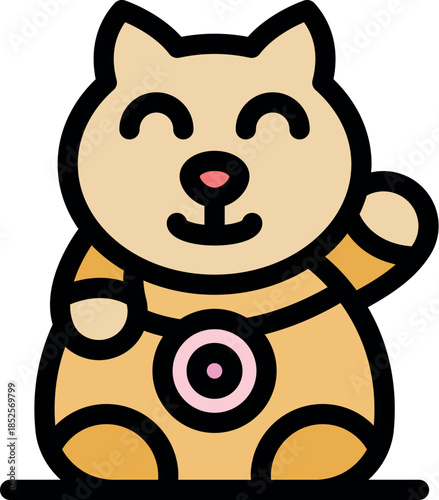 Cute cartoon shiba inu dog waving paw, wearing traditional japanese kimono, expressing happiness and welcoming gesture