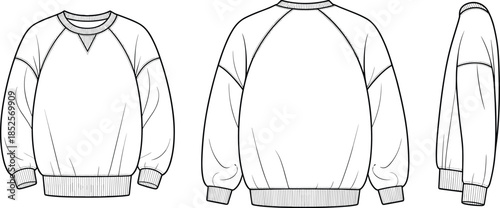 Crewneck sweatshirt front, back, side technical fashion flat sketch, unisex casual pullover, long sleeve sweater, comfortable apparel, streetwear clothing design