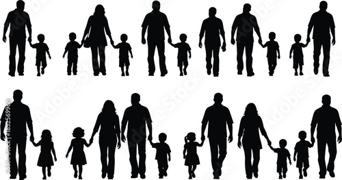 Mega set of family silhouettes walking together holding hands, parents and children bond collection, various family units on white.