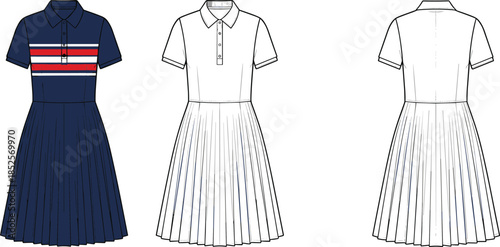 Technical fashion flat illustration of women’s polo dress with pleated skirt striped chest panel front and back views