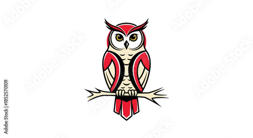 Stylized owl perched on a branch against a white background