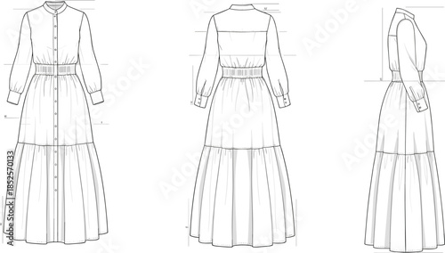 Women long button-up dress technical fashion sketch with front back and side views