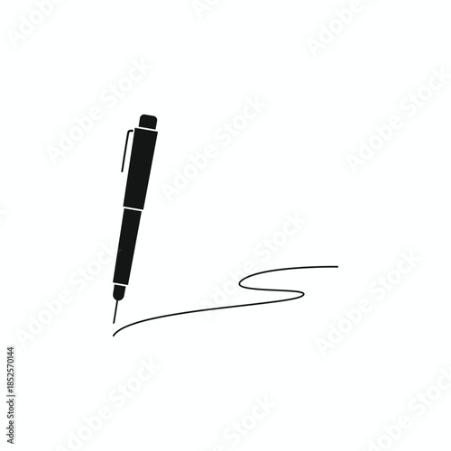 Black ballpoint pen icon with squiggle line vector illustration, minimalist office tool symbol for signature, education, and document design