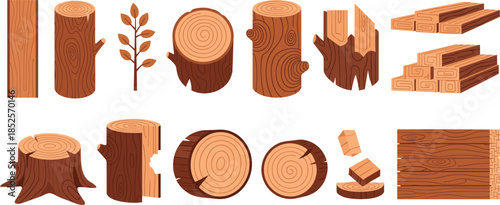 Rustic wood log slices timber tree stumps and lumber planks vector set with realistic grain textures for carpentry woodworking.