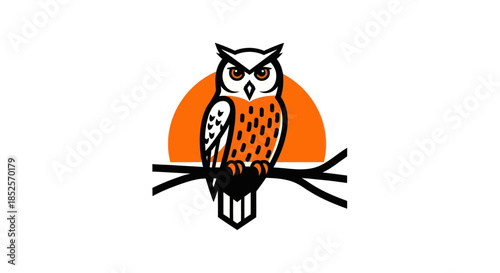 Stylized owl perched on branch against orange sunset background
