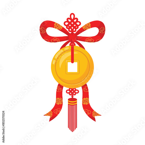 Traditional Chinese good luck charm vector illustration, featuring a golden prosperity coin adorned with a vibrant red decorative ribbon and ornate tassel, chines new year