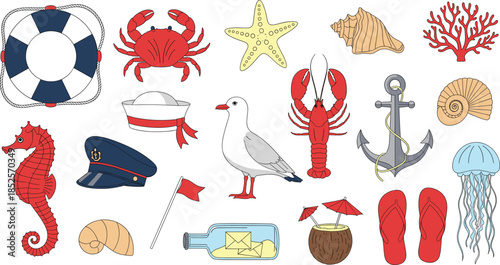 Nautical maritime vector set with lifebuoy anchor sailor hat seagull lobster crab seahorse and summer beach vacation elements icons.