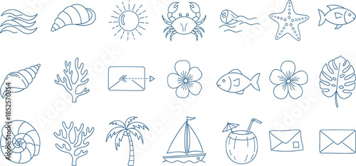 Nautical sea life vector collection with whale octopus lobster turtle jellyfish starfish sailboat and tropical summer beach vacation icons.