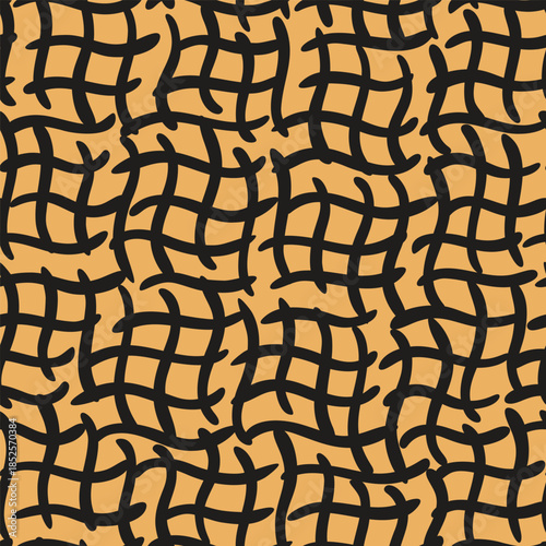 Hand painted wobbly wavy lines forming minimalist broken checks in colors of black on yellow background. Geometric abstract seamless vector pattern. Great for home decor, fabric, wallpaper, gift wrap.