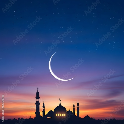 Beautiful mosque silhouette with crescent moon and stars at sunset