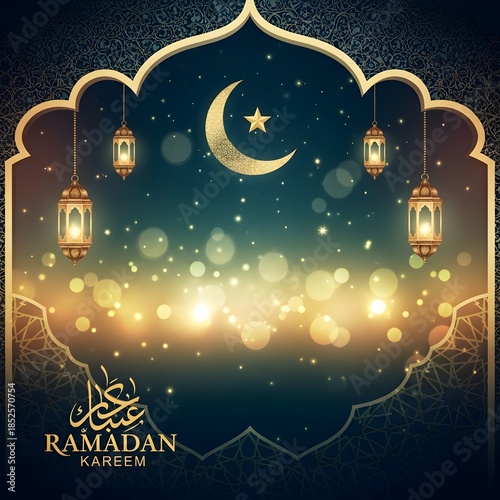 Ramadan kareem greeting with lanterns and crescent moon