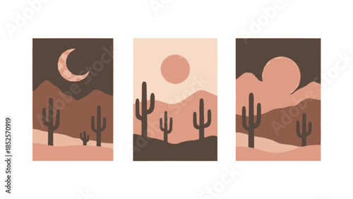 Desert landscape triptych with cacti, mountains, and celestial bodies in warm earthy tones.