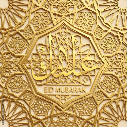 Eid mubarak greeting with arabic calligraphy and islamic pattern