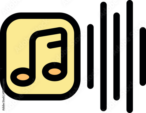 Mobile application playing music, visualized by a music note symbol and sound bars, concept of audio streaming service