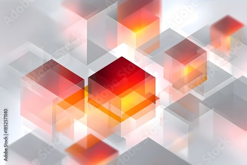 Semi?transparent 3D cubes with glowing red and orange centers are floating in an abstract, light gray space.