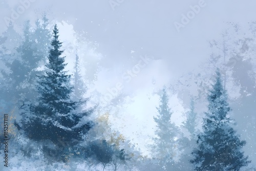 Snow-covered pine trees stand quietly in a misty winter forest.