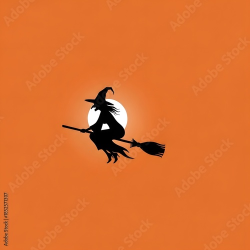 Witch flying on broomstick against orange background