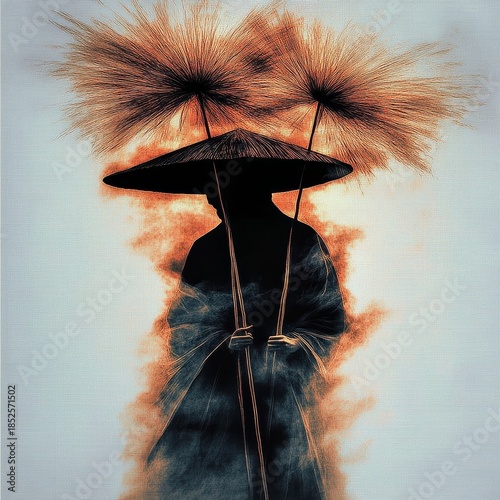 Artistic silhouette of a mysterious woman holding papyrus stems, with fiery hues blending against a soft textured background and smoky atmosphere.