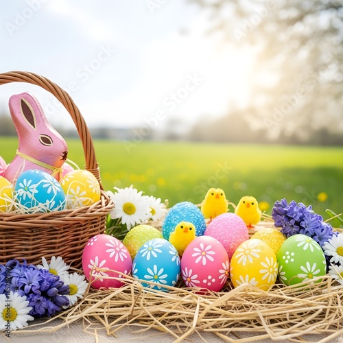 Easter eggs and chicks in nest with basket in green field