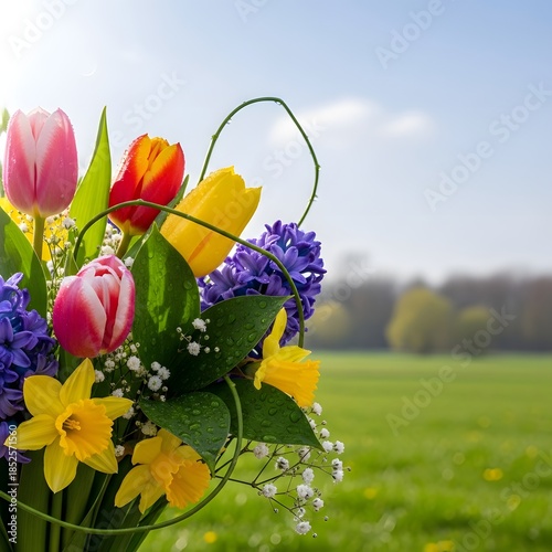 Colorful spring floral arrangement in a green field